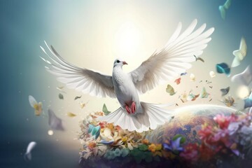 White dove flying above the earth. World peace day celebration sign pigeon with open wings. Generate ai