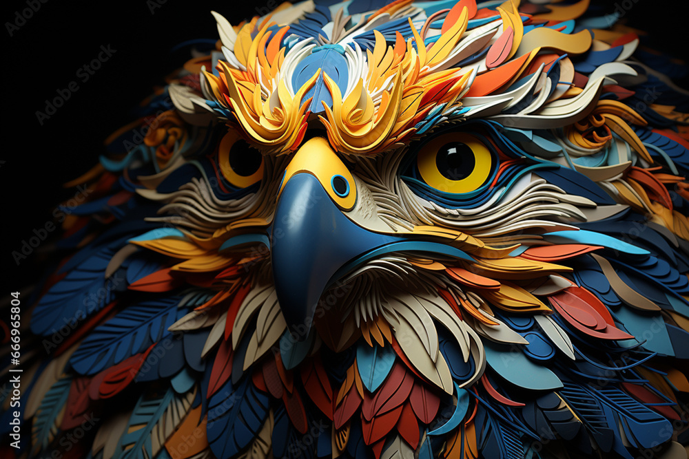 Poster a complex, multi-layered pattern of interlocking shapes that resembles a eagle face.