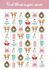 Christmas education logic game for children, preschool, kindergarten homeschooling. Children preschool activity worksheet with Christmas elements, easy level, education page with games.