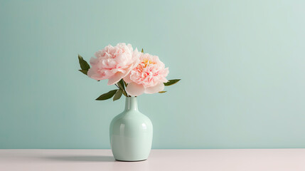 Fototapeta premium peonies in vase , bohemian aesthetic pastel tones and simplicity floral, blossom, arrangement, decoration, ,wedding theme background, interior design concept.