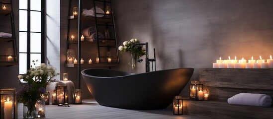 Modern bathroom with lit candles and attractive interior design