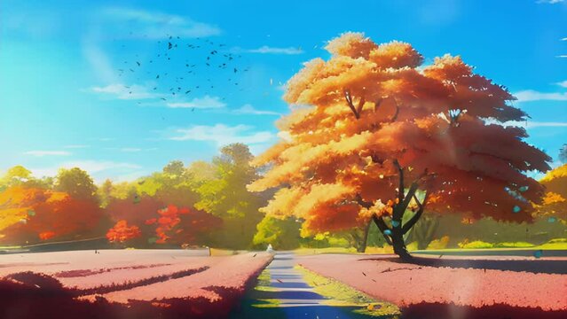 beautiful and large flowering yellow cherry tree. beautiful panorama in autumn. Cartoon or anime illustration style. seamless looping 4K time-lapse virtual video animation background.