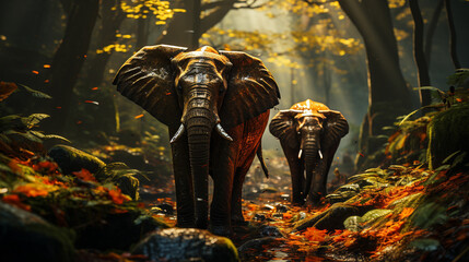 Elephants walking in forest.