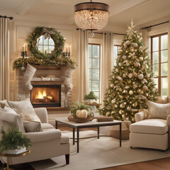 a living room filled with furniture and a christmas tree, a digital rendering, photorealistic