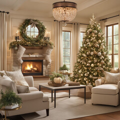 a living room filled with furniture and a christmas tree, a digital rendering, photorealistic