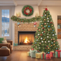 a living room filled with furniture and a christmas tree, a digital rendering, photorealistic