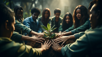 Volunteers hands together with a green plant.