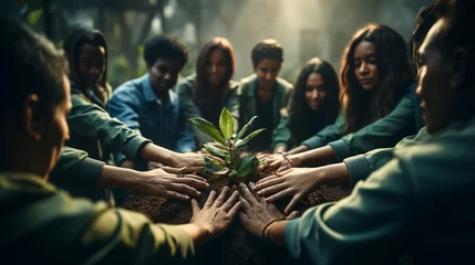 Foto op Plexiglas Volunteers hands together with a green plant. © andranik123