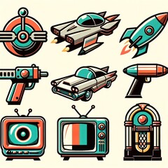 An explosion of nostalgia and imagination, this vibrant illustration captures the whimsical charm of retro cartoon icons in a dynamic clipart collection