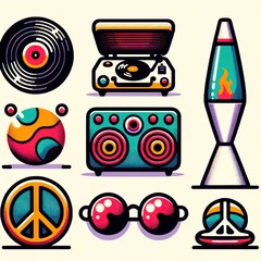 A whimsical collection of retro icons and quirky objects, brought to life through playful drawings and colorful clipart in a cartoon-inspired art style