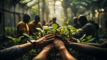 Volunteers hands together with a green plant. - obrazy, fototapety, plakaty