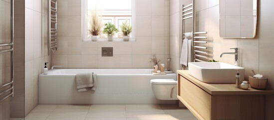 Fototapeta na wymiar Bathroom tile design with bath and sink for washing