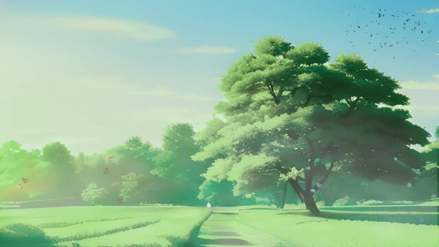 beautiful and large flowering green cherry tree. beautiful panorama in morning. Cartoon or anime illustration style. seamless looping 4K time-lapse virtual video animation background.