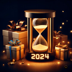 Glowing golden hourglass with number 2024 and giftbox