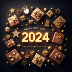 Glowing Happy New Year 2024 with giftboxes and golden decorations