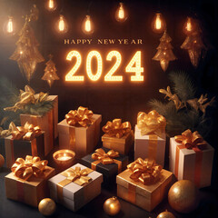 Glowing 2024 with giftboxes and decorations for New Year celebration