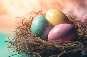 Naklejka na ściany i meble Bird Easter nest with pastel colored eggs. Festive springtime Easter decoration symbol. Generate ai