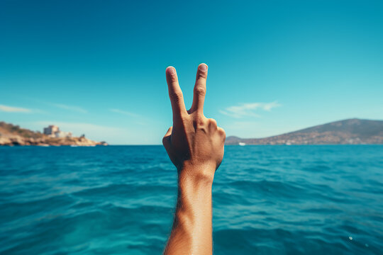 Generative AI Image of Hand with Two Fingers Symbolize Peace on Ocean Sea Background