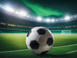 Fototapeta premium Soccer ball on green grass field, illuminated night stadium in background
