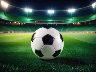 Soccer ball on green grass field, illuminated night stadium in background