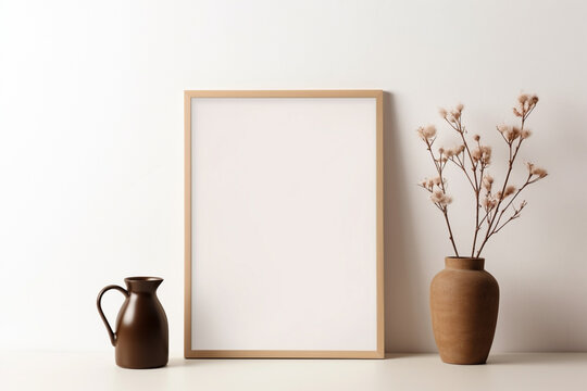 Empty wooden picture frame mockup hanging on beige wall background, Boho shaped vase, dry flowers on table, Cup of coffee, old books, Working space, home office, Art, poster display, Modern interior