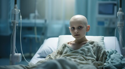 A child with cancer lies in a ward in a modern clinic