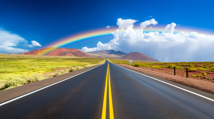 Asphalt road and a rainbow above it, in a desert landscape. Generated AI - Powered by Adobe