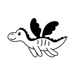 Dragon doodle illustration. Happy flying fairy tale creature. Vector black line art