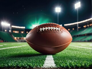 American football ball on green grass field, illuminated night stadium in background