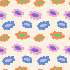 Playful groovy abstract flowers illustration. Simple hand drawn seamless pattern. Colorful cartoon style background design