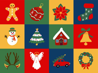 Flat geometric Christmas composition with traditional items. Bold hand drawn minimalistic winter holiday related elements. Good for social media, graphic poster, card, printout, pattern