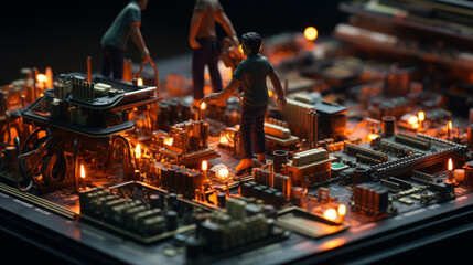 Technician small figure on a computer motherboard. - obrazy, fototapety, plakaty