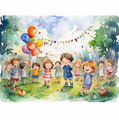 Obraz na płótnie Canvas Watercolor of many kids in happy new year celebration party. Boys and Girls in the garden for child's party