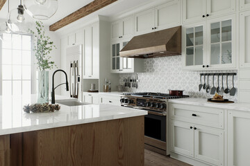 Traditional large L-shaped kitchen with large island and kitchen appliances.  - obrazy, fototapety, plakaty