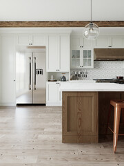 Emphasis on a large metal refrigerator in the interior. 