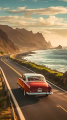 Poster Timeless image of classic vintage car cruising on scenic costal road in story format © JJ1990