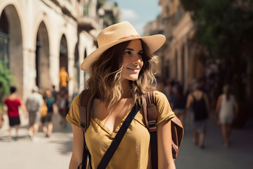 young woman  traveller alone, she explores an enchanting old town during her holiday abroad, haapy holiday