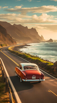 Fototapeta Timeless image of classic vintage car cruising on scenic costal road in story format