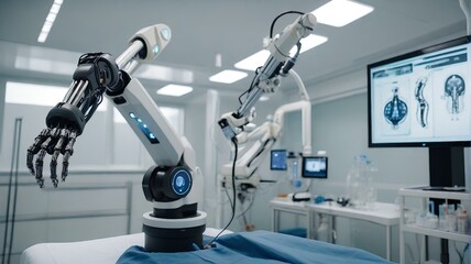 病院で患者を手術する高精度な自動ロボットアーム。 モニターでバイタルを表示｜High precision automatic robot arm operating on patients in hospital. Vitals are displayed on the monitor. Generative AI - obrazy, fototapety, plakaty