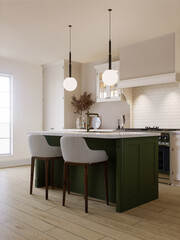 Bright kitchen in warm colors with a green island. 