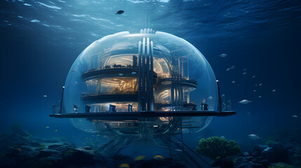 Technological advanced undersea research station in form of glass submarine station underwater