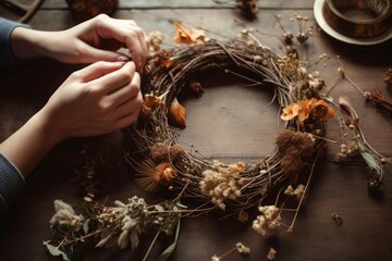 Hands workshop autumn wreath. Handicraft floral fall season round decorative composition. Generate ai - obrazy, fototapety, plakaty