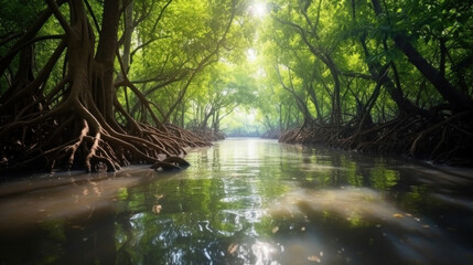 Fototapeta na wymiar Mangrove forest in summer. River in wild jungle.