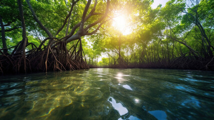 Mangrove trees along the turquoise green water in the stream. mangrove forest.