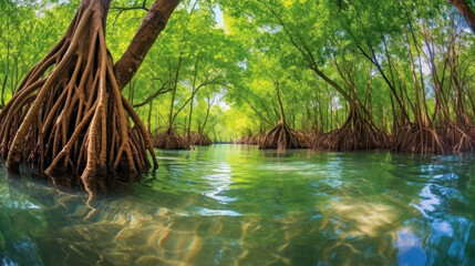 Mangrove trees along the turquoise green water in the stream. mangrove forest. - obrazy, fototapety, plakaty