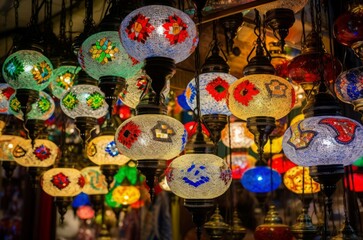 Colorful lanterns on Turkish bazaar. Hanging handicraft lamp with vibrant different colors. Generate ai