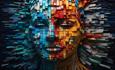 Enigma of the human mind through a puzzle concept, where a person's head is portrayed using the bright and vibrant style of color blocks. 