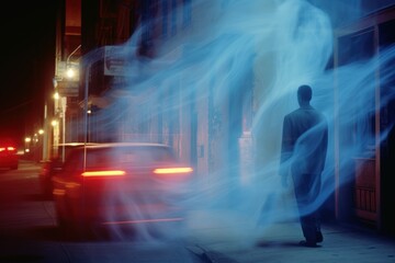 blurry, film still, street photography, dreamy color, chaos, Lucifer in Blue Nova