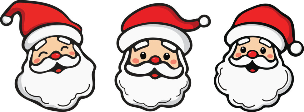 Cute Santa Faces Set Flat Cartoon Character Vector