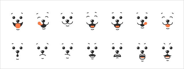 Various animal face, different emotions.  Dog tongue lick mouth. Happy, angry and sad dog face. Vector illustration isolated on white background.
